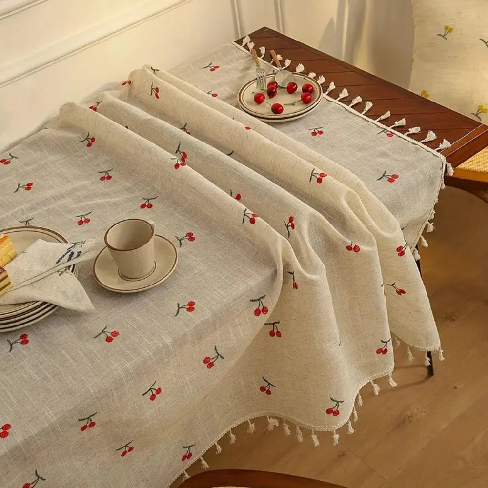 Tablecloth Microfiber Blend Cherry Embroidery Tassel Edges