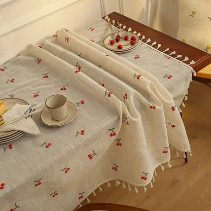 Tablecloth Microfiber Blend Cherry Embroidery Tassel Edges