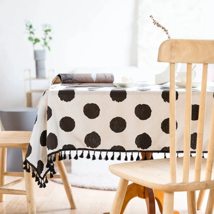 Tablecloth Polka Dot Tassel Trim Microfiber Spill-Resistant