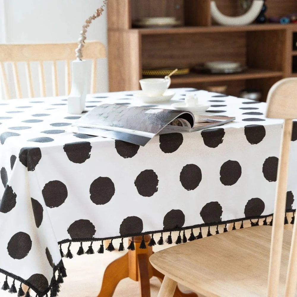 Tablecloth Polka Dot Tassel Trim Microfiber Spill-Resistant