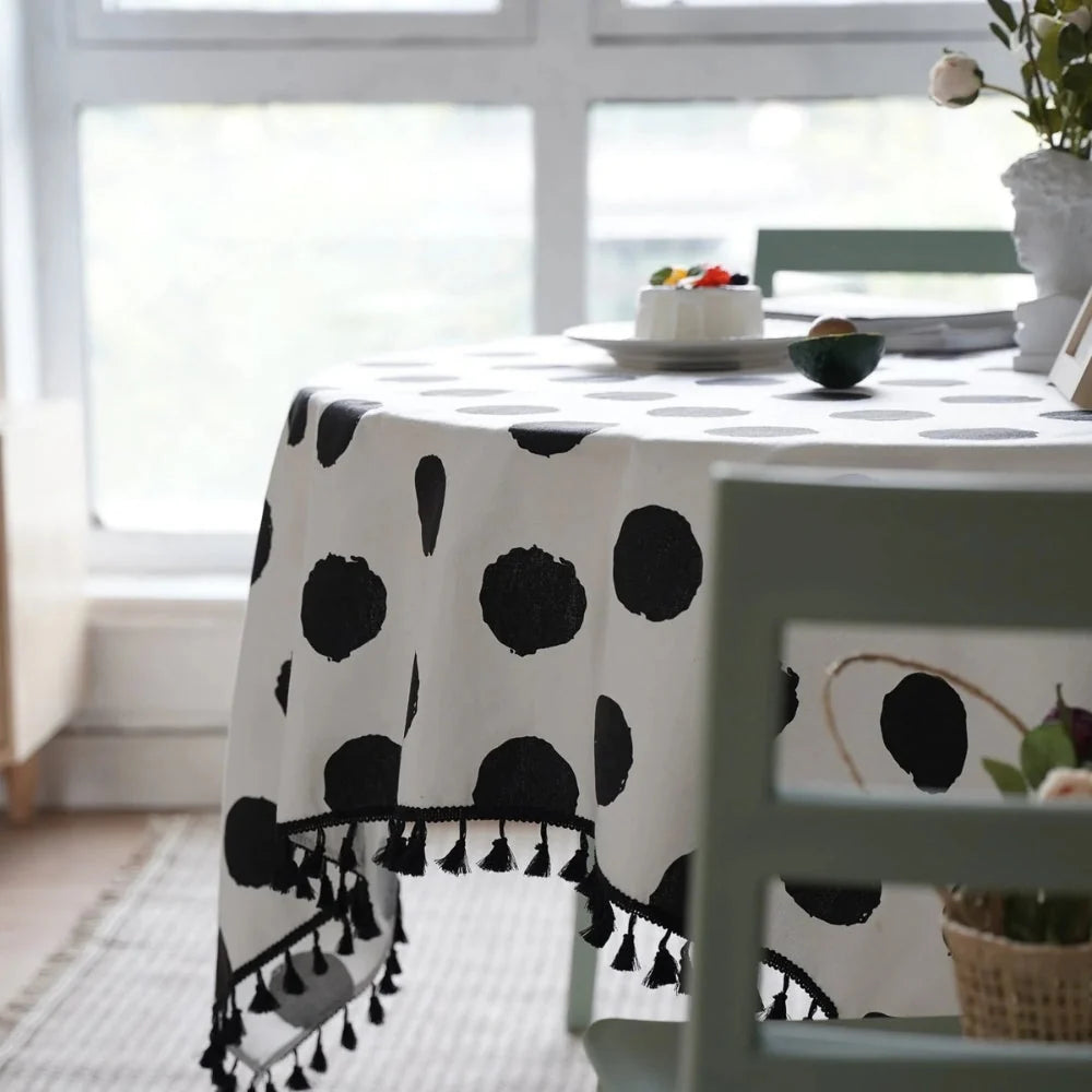 Tablecloth Polka Dot Tassel Trim Microfiber Spill-Resistant