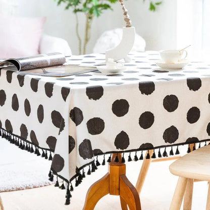 Tablecloth Polka Dot Tassel Trim Microfiber Spill-Resistant