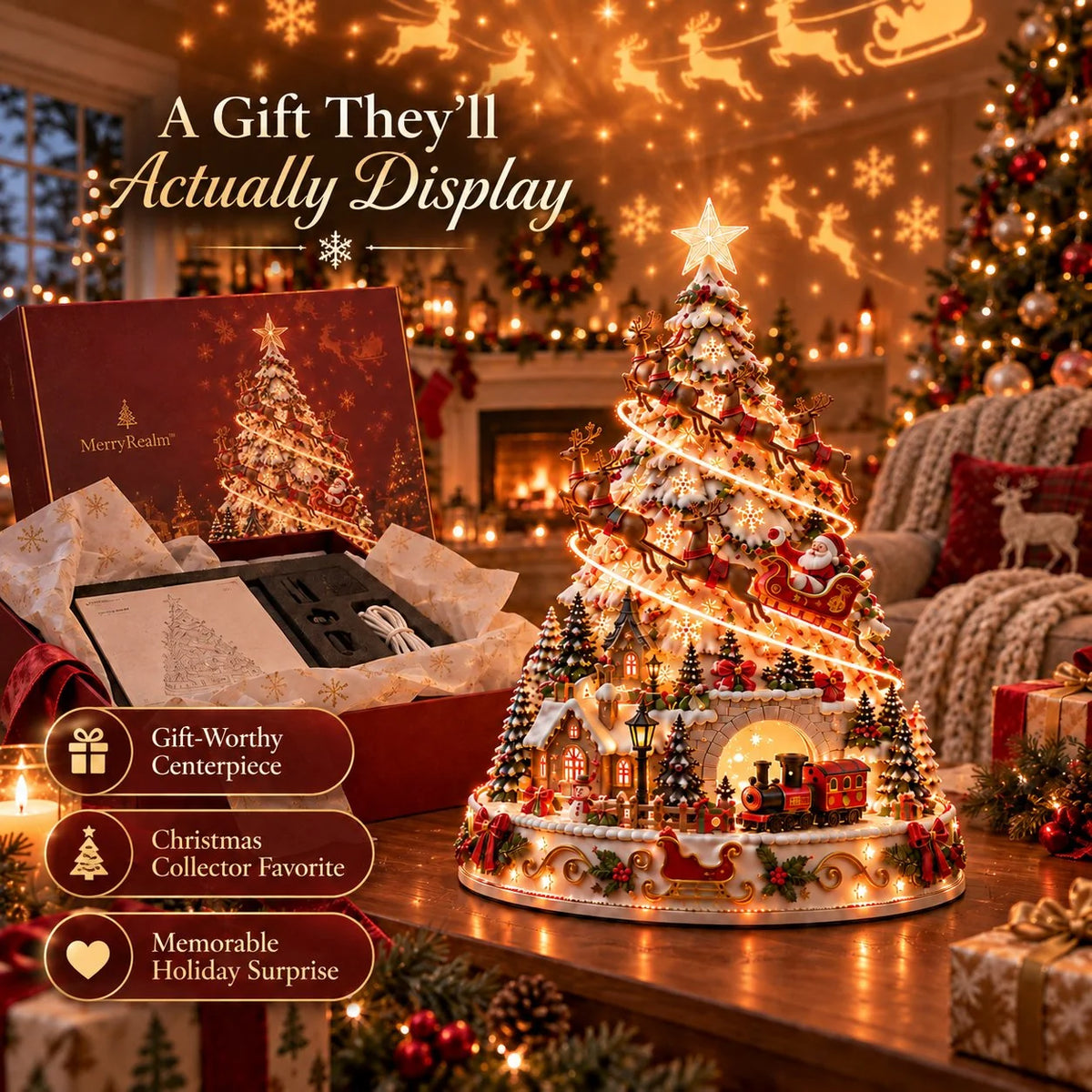 Tabletop Christmas Tree 3D Village Light Projection