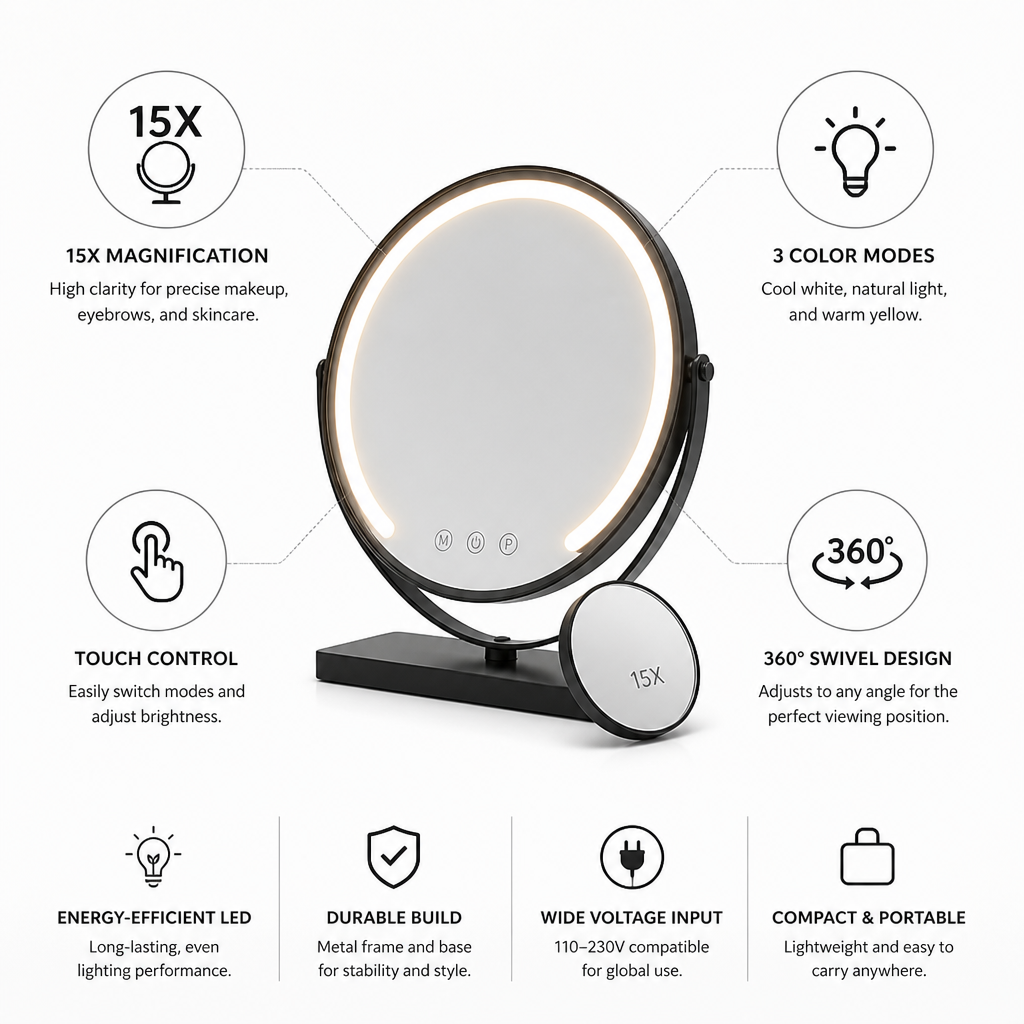 Tabletop Vanity Mirror 15x Magnification 3-Mode LED
