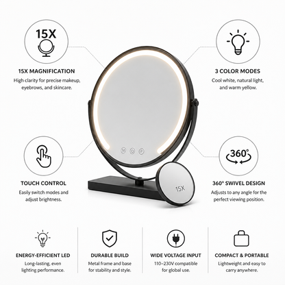 Tabletop Vanity Mirror 15x Magnification 3-Mode LED