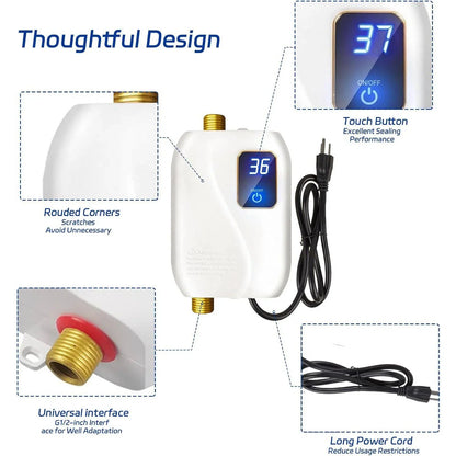 Tankless Electric Water Heater 3000W Digital Display Space-Saving