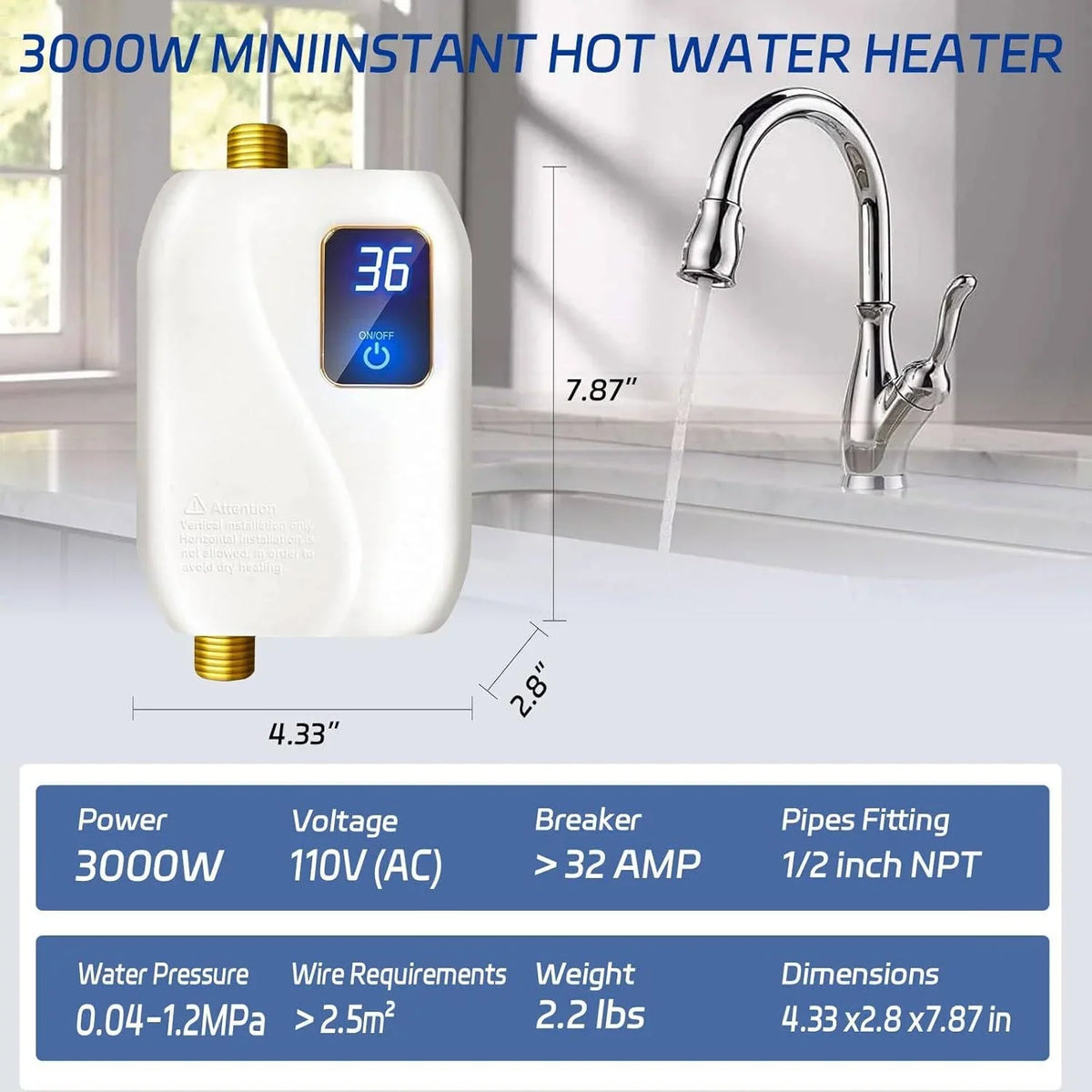 Tankless Electric Water Heater 3000W Digital Display Space-Saving