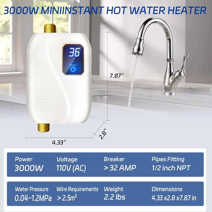 Tankless Electric Water Heater 3000W Digital Display Space-Saving