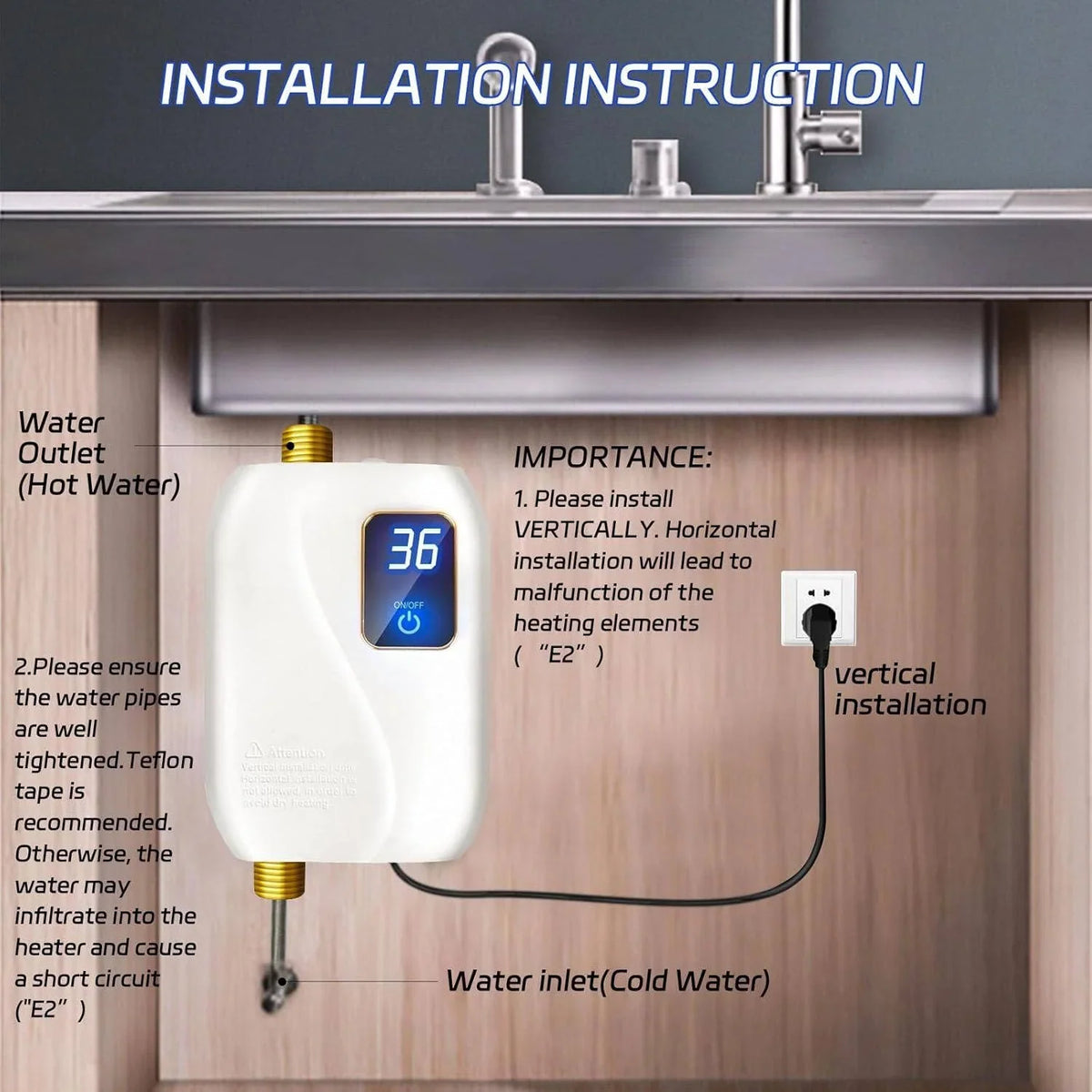 Tankless Electric Water Heater 3000W Digital Display Space-Saving