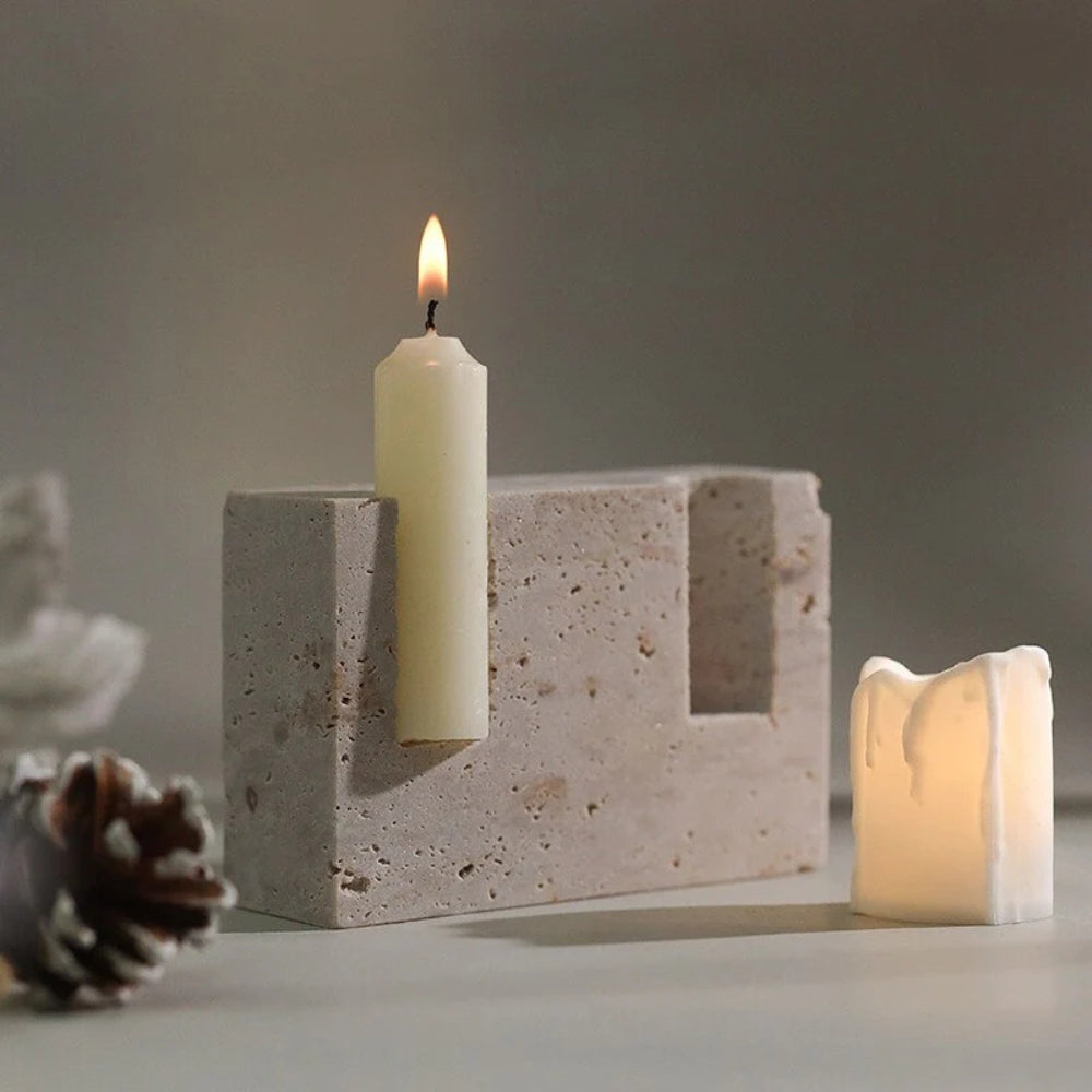 Taper Candle Holder Travertine Marble Handcrafted Holds Two