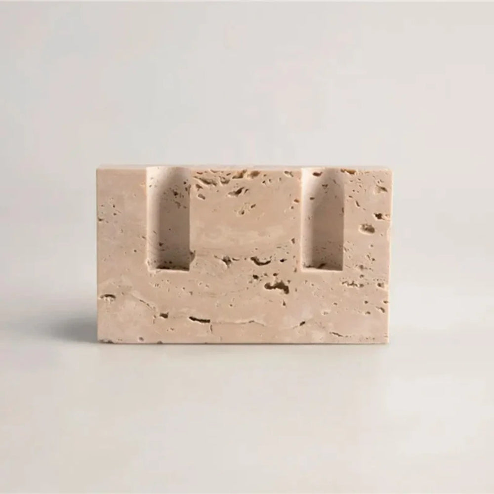 Taper Candle Holder Travertine Marble Handcrafted Holds Two