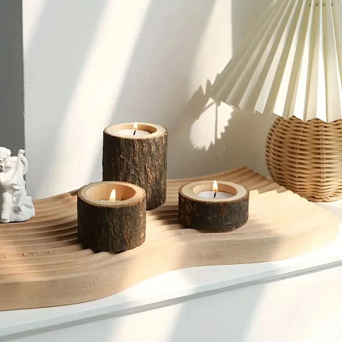 Tea Light Holder Set Natural Wood & Glass 3-Piece