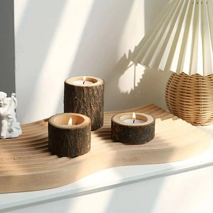 Tea Light Holder Set Natural Wood & Glass 3-Piece
