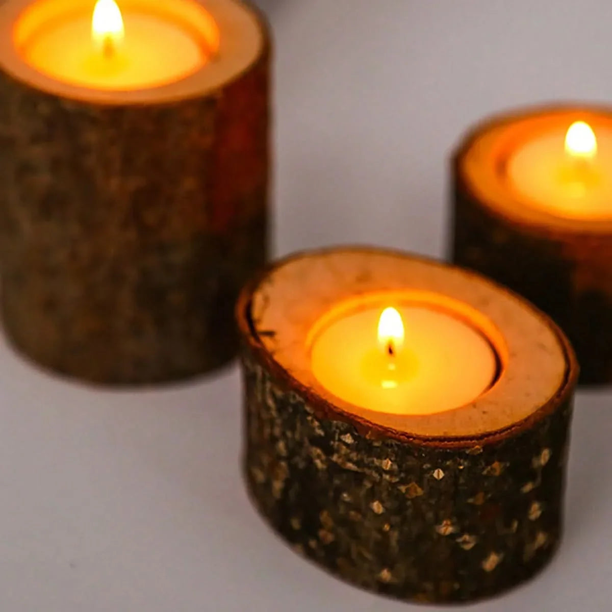 Tea Light Holder Set Natural Wood & Glass 3-Piece