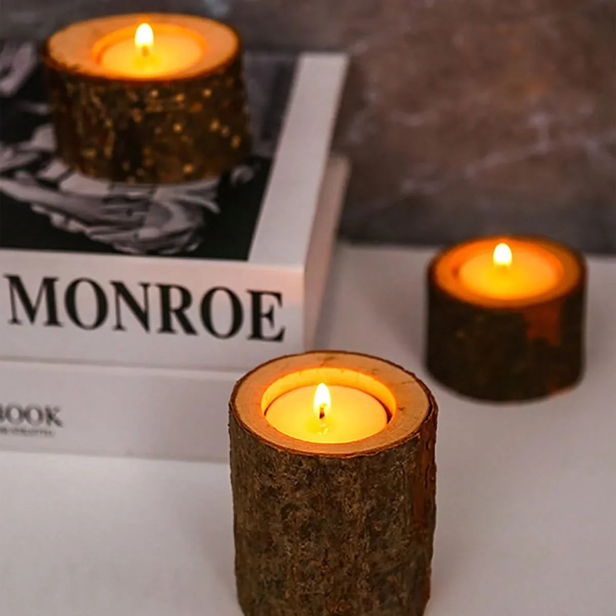 Tea Light Holder Set Natural Wood & Glass 3-Piece