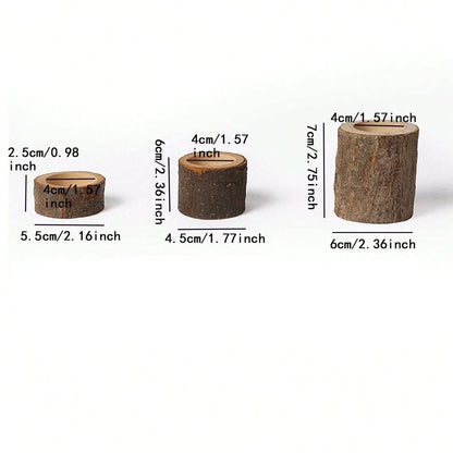Tea Light Holder Set Natural Wood & Glass 3-Piece