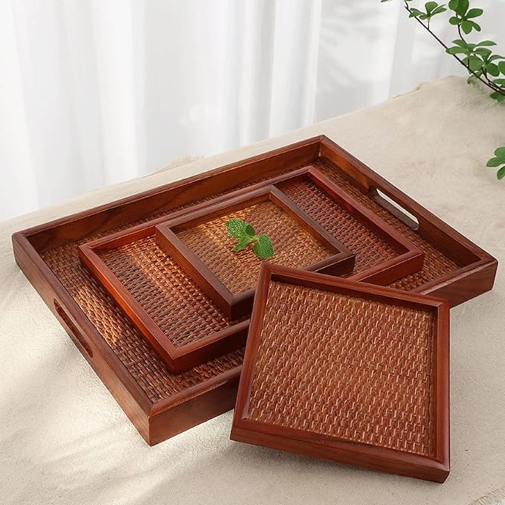 Tea Serving Tray Rattan-Inspired Wood Raised Edge & Non-Slip