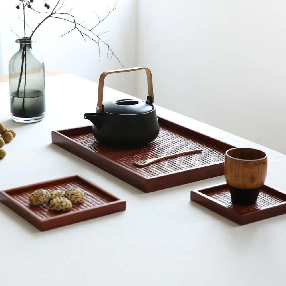 Tea Serving Tray Rattan-Inspired Wood Raised Edge & Non-Slip
