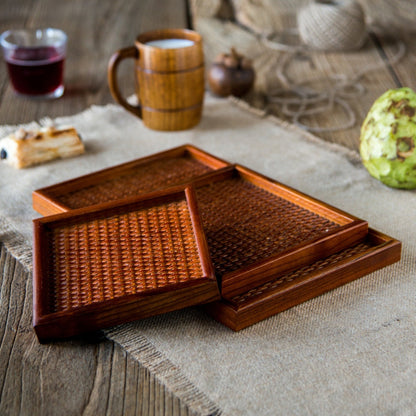 Tea Serving Tray Rattan-Inspired Wood Raised Edge & Non-Slip