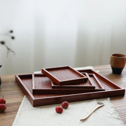 Tea Serving Tray Rattan-Inspired Wood Raised Edge & Non-Slip