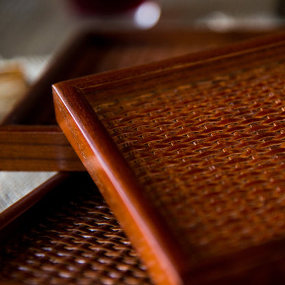 Tea Serving Tray Rattan-Inspired Wood Raised Edge & Non-Slip