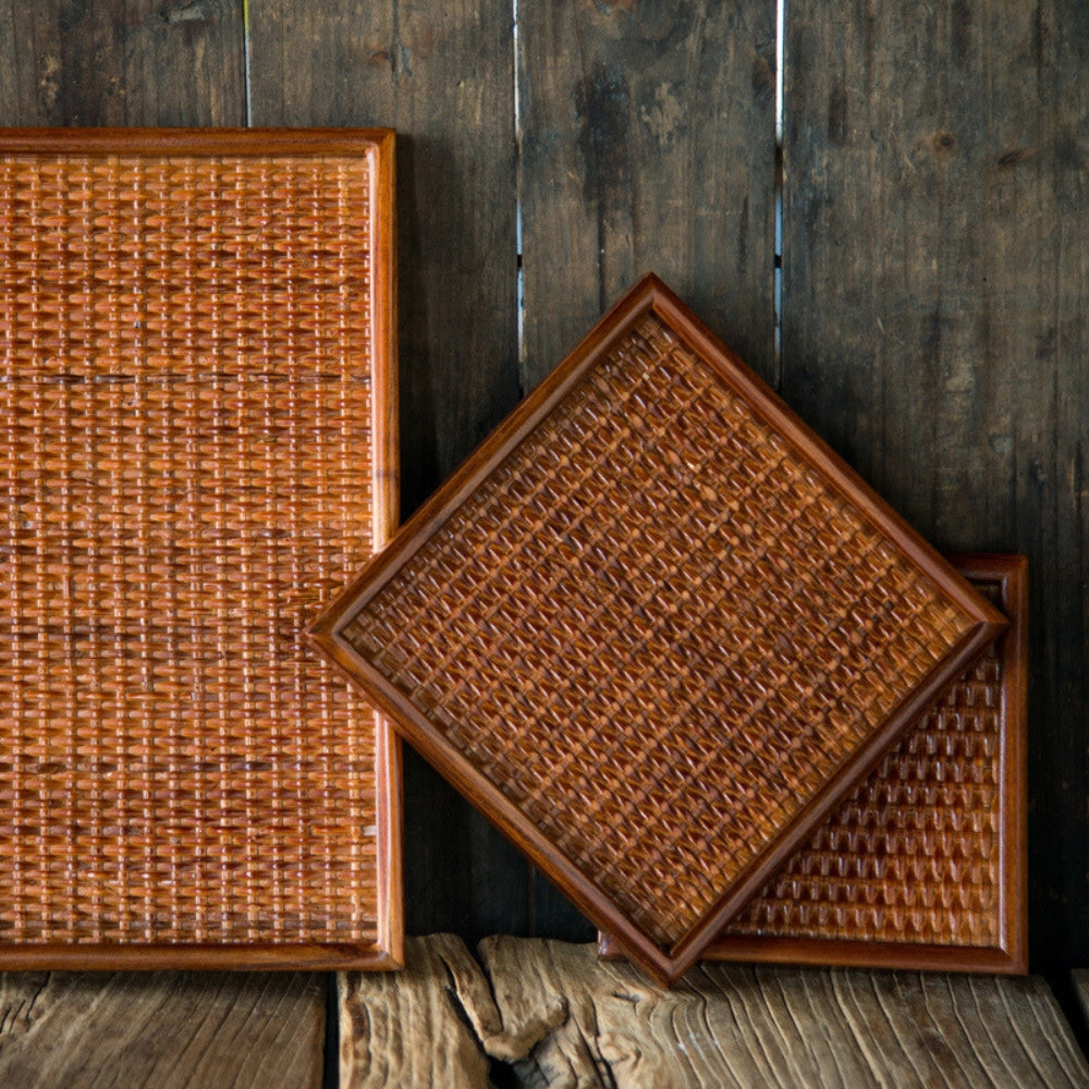 Tea Serving Tray Rattan-Inspired Wood Raised Edge & Non-Slip