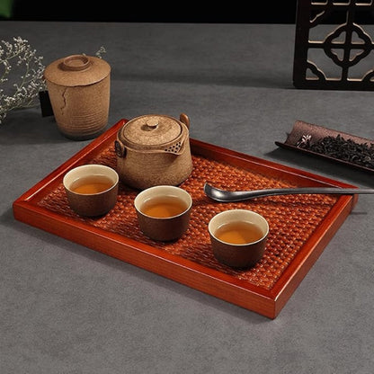 Tea Serving Tray Rattan-Inspired Wood Raised Edge & Non-Slip