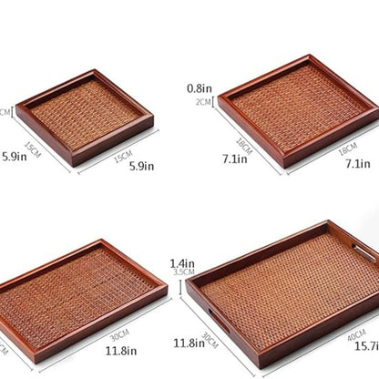 Tea Serving Tray Rattan-Inspired Wood Raised Edge & Non-Slip