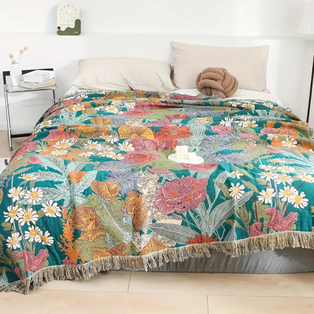 Throw Blanket 100% Cotton Bohemian Floral Fringe