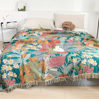 Throw Blanket 100% Cotton Bohemian Floral Fringe