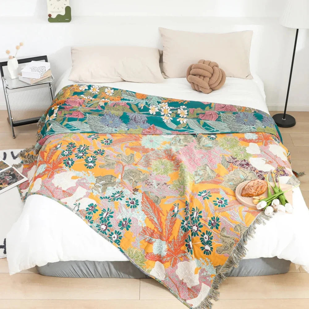 Throw Blanket 100% Cotton Bohemian Floral Fringe