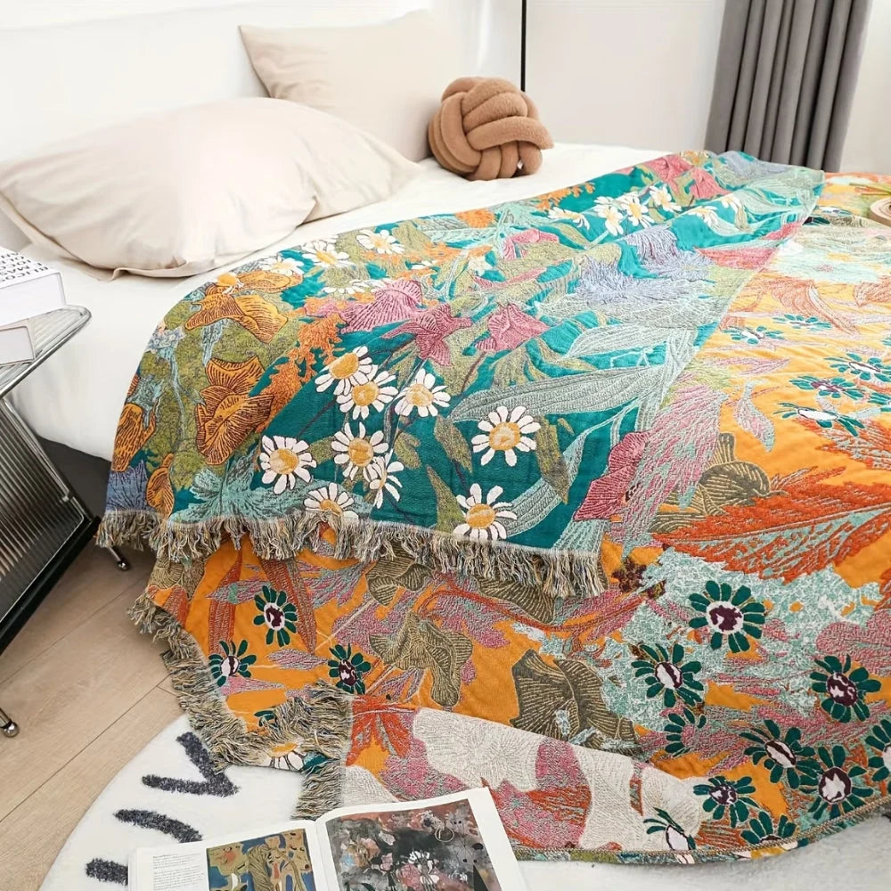 Throw Blanket 100% Cotton Bohemian Floral Fringe