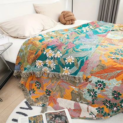 Throw Blanket 100% Cotton Bohemian Floral Fringe