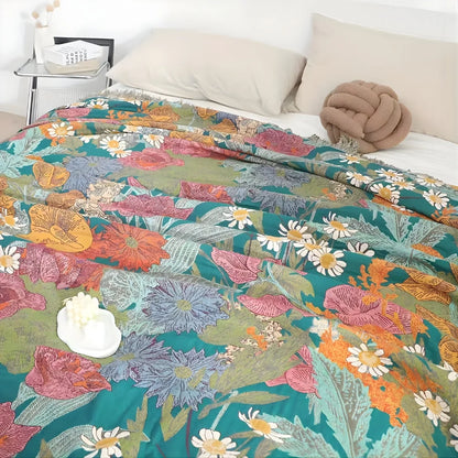 Throw Blanket 100% Cotton Bohemian Floral Fringe
