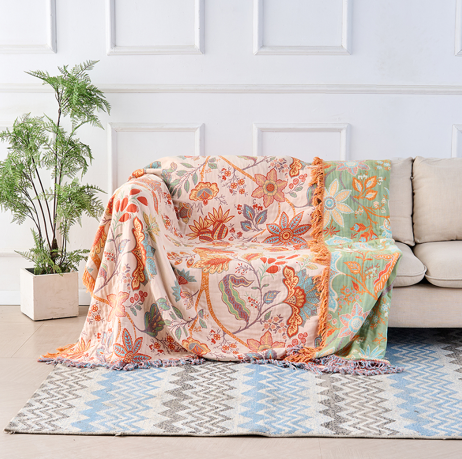 Throw Blanket 100% Cotton Boho Floral Fringe