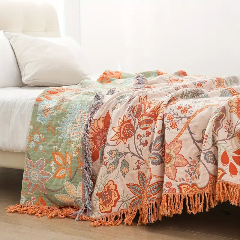 Throw Blanket 100% Cotton Boho Floral Fringe