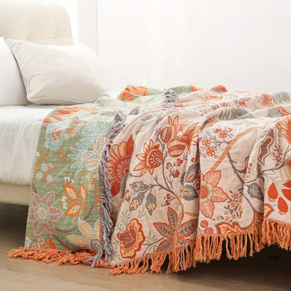 Throw Blanket 100% Cotton Boho Floral Fringe