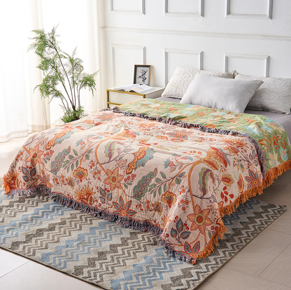 Throw Blanket 100% Cotton Boho Floral Fringe