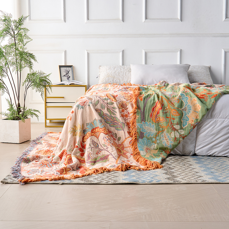 Throw Blanket 100% Cotton Boho Floral Fringe