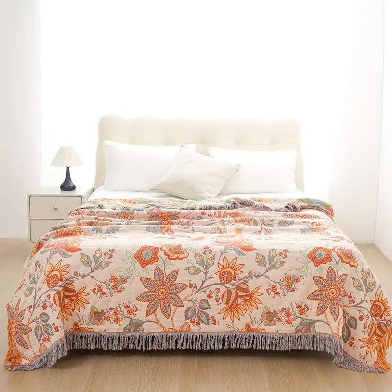 Throw Blanket 100% Cotton Boho Floral Fringe