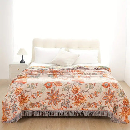 Throw Blanket 100% Cotton Boho Floral Fringe