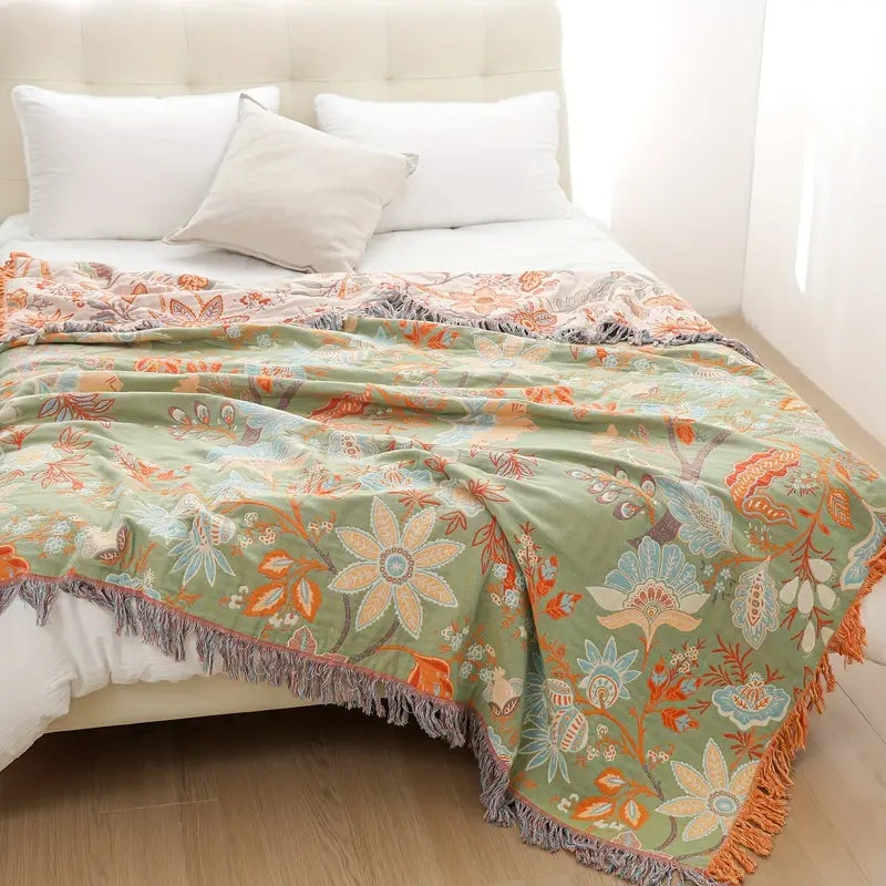 Throw Blanket 100% Cotton Boho Floral Fringe