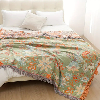 Throw Blanket 100% Cotton Boho Floral Fringe