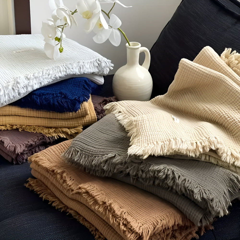 Throw Blanket 100% Cotton Crinkle Texture & Tassels