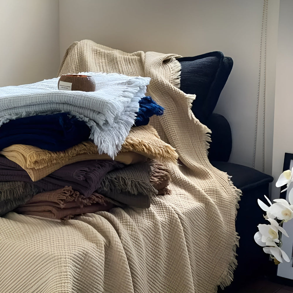 Throw Blanket 100% Cotton Crinkle Texture & Tassels