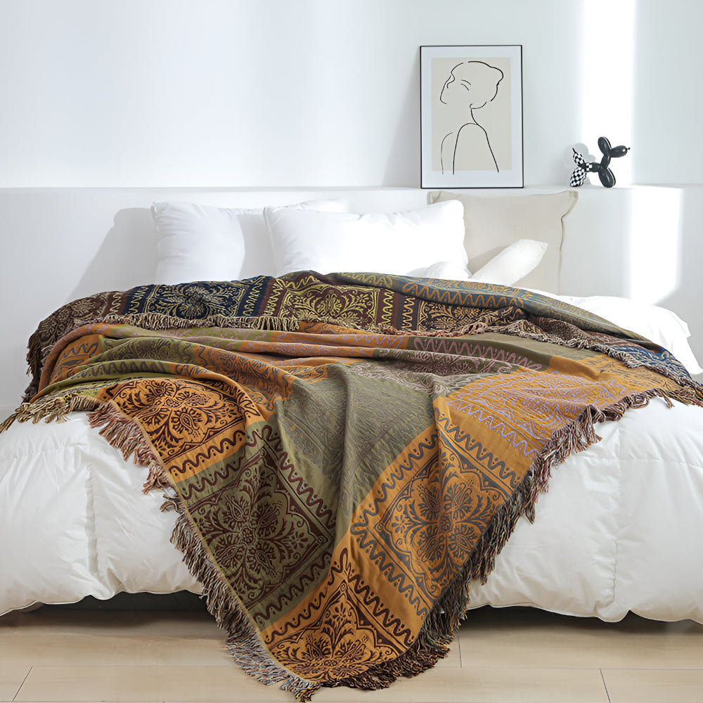 Throw Blanket 100% Cotton Oversized Mandala Fringe