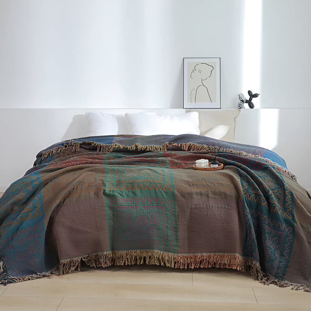 Throw Blanket 100% Cotton Oversized Mandala Fringe