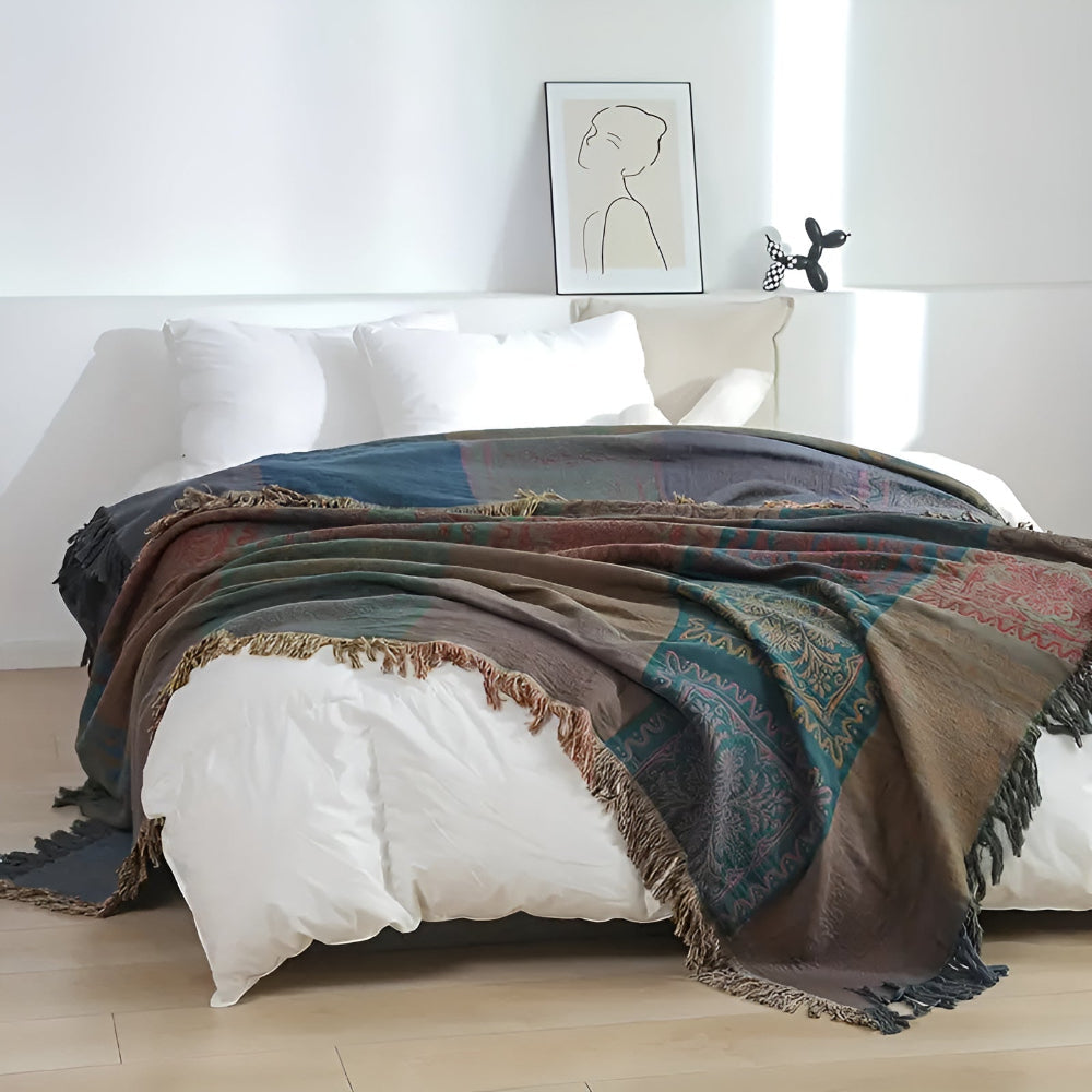 Throw Blanket 100% Cotton Oversized Mandala Fringe