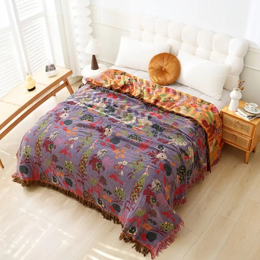 Throw Blanket 100% Cotton Reversible Floral Jacquard Tassels