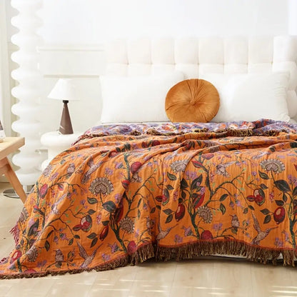 Throw Blanket 100% Cotton Reversible Floral Jacquard Tassels